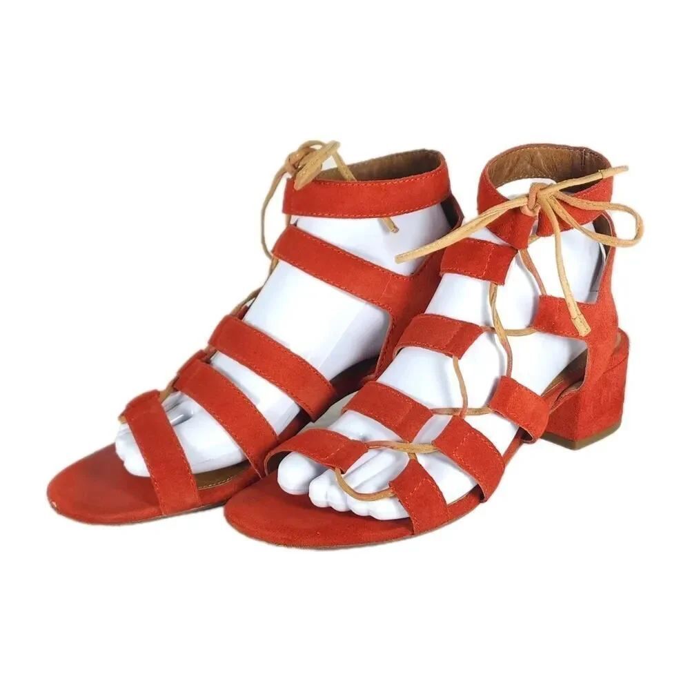 FRYE Women's Chrissy Side Ghillie US8M Red Suede Heels Strappy Sandals Shoes